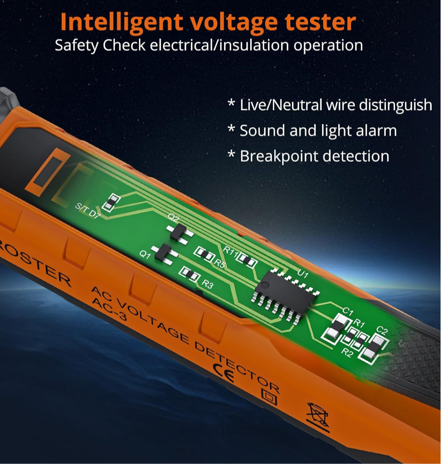 00) Proster Dual-Range Voltage Tester Pen (12V–1000V / 48V–1000V)
Smart non-contact AC detector with adjustable sensitivity, live-wire finder, break-point test, and built-in LED light.