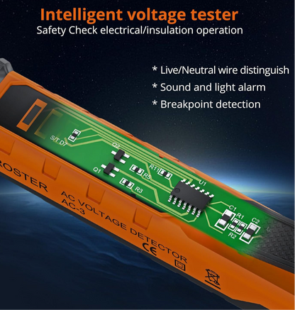 00) Proster Dual-Range Voltage Tester Pen (12V–1000V / 48V–1000V)
Smart non-contact AC detector with adjustable sensitivity, live-wire finder, break-point test, and built-in LED light.