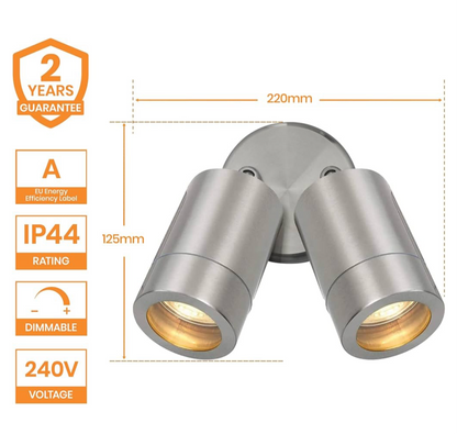 IP44 Rated Outdoor Twin Spotlights, Brushed Stainless Steel Adjustable Tilt Outside Lights, Mains Powered Security Spot Lights, 2X 7W 240V LED GU10 (Not Included)