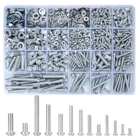 1) 1080 Pcs Round Head Screws Nuts Flat Washers Assortment Kit, M3 M4 M5 M6 Cross Pan Head Machine Screws and Hex Bolts and Nuts Sets - 900g/16 Size (silvery 1080)