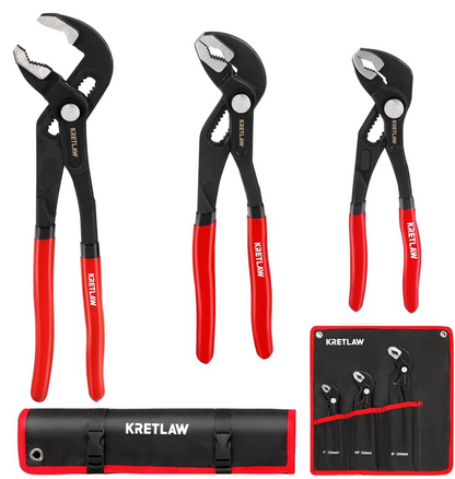 KRETLAW 3-Piece Groove Joint Pliers Set (300mm & 250mm & 180mm), Quick-Adjustable Water Pump Pliers，Cr-V V-Jaw Tongue and Groove Pliers