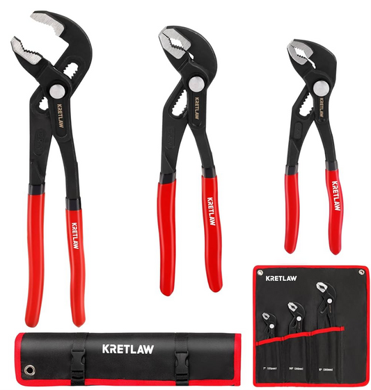 KRETLAW 3-Piece Groove Joint Pliers Set (300mm & 250mm & 180mm), Quick-Adjustable Water Pump Pliers，Cr-V V-Jaw Tongue and Groove Pliers