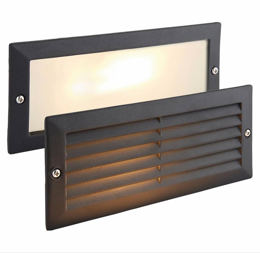 Outdoor Black Aluminium & Frosted Glass Brick Light with Grille and Plain Front Panels - IP44 Rated