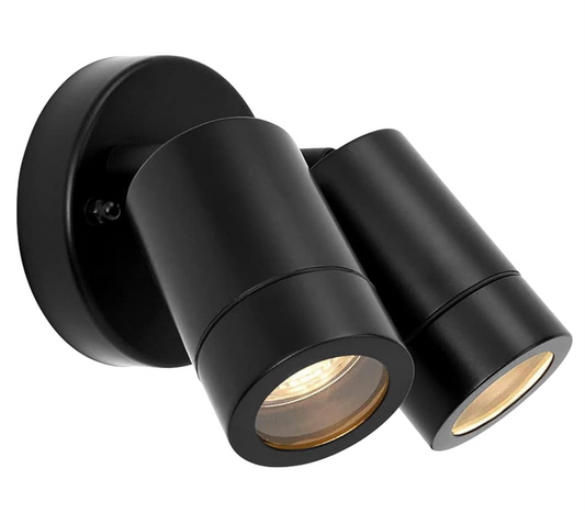 IP44 Rated Outdoor Twin Spotlights, Matt Black Steel Adjustable Tilt Outside Lights, Mains Powered Security Spot Lights, 2X 7W GU10 240V LED (Not Included)