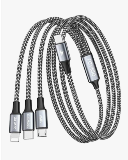 999) RAVIAD 100W USB C Multi Charger Cable [1.2M] 3 in 1 Fast Charging Cable with E-Mark Chip, USB C PD [100W]+Lightning[27W]+Micro[10W] for Galaxy S24/S23, iPhone 15/14/13, MacBook Pro/Air, Pad Pro/Air