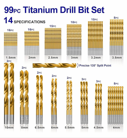 HURRICANE Metric 99pc Titanium Twist Drill Bit Set, 135° Tip High Speed Steel Jobber Drill Bits Kit for Wood/Cast Iron/Aluminum Alloy/Plastic/Fiberglass, with Storage Case, Size from 1.5mm to 10mm