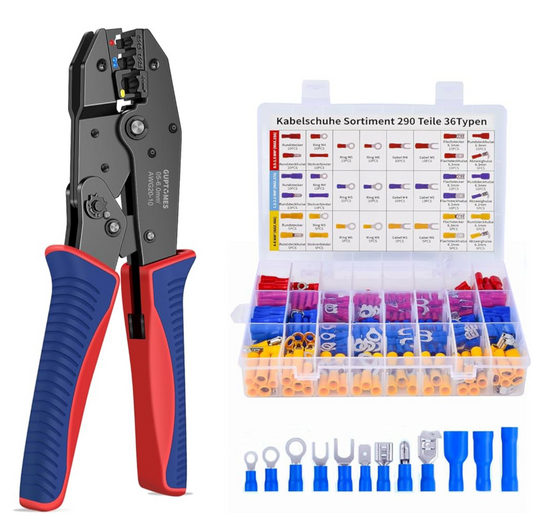 Insulated Wire Terminal Crimping Tool Kit, GUPTOMES 0.5-6mm² Ratchet Crimping Plier, Cable Lug Pliers Electrician Crimping Tool Set with 36 Type 290 Insulated Butt Bullet Spade Ring Crimp Connectors