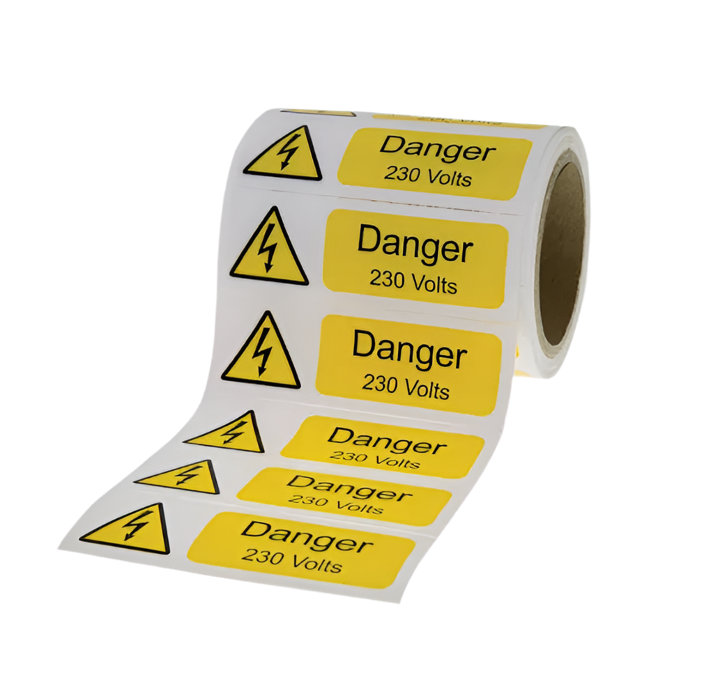 998) DANGER 230V STICKERS 75 X 25MM SELF ADHESIVE LABEL ROLL OF 250