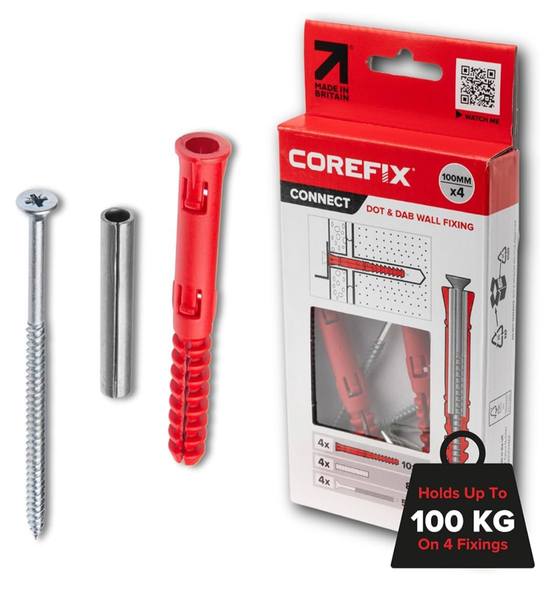 Corefix 100mm Heavy Duty Dot & Dab Wall Fixings - Plasterboard Over Blockwork Wall Plugs & Screws - for TVs, Radiators, Shelving & More - Holds 100kg on 4 fixtures - Reinforced Steel Core - 4 Pack