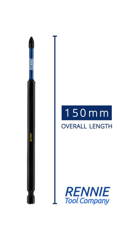 0) (Best Seller this month) Rennie 150mm Magnetic Impact Driver Bit PZ2 Extra Long PH1 Hex Shank - Black Oxide Coate