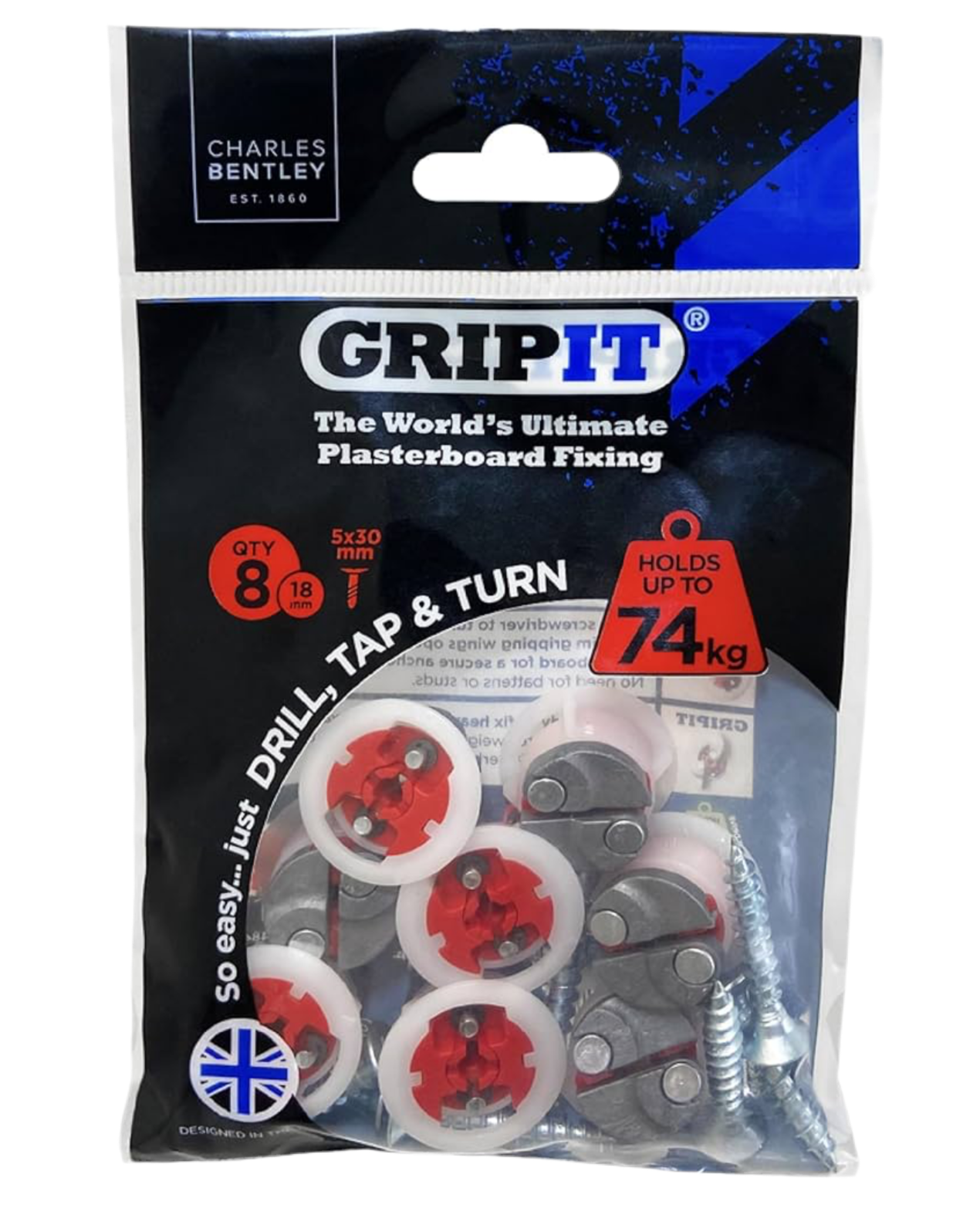 Gripit Red Plasterboard Fixings - Pack of 8 - Heavy Duty Plasterboard Fixings for Drywall & Stud Walls, Holds Up to 74kg - Ideal for Shelves, Shower Units and Speakers - Easy Install & UK Designed