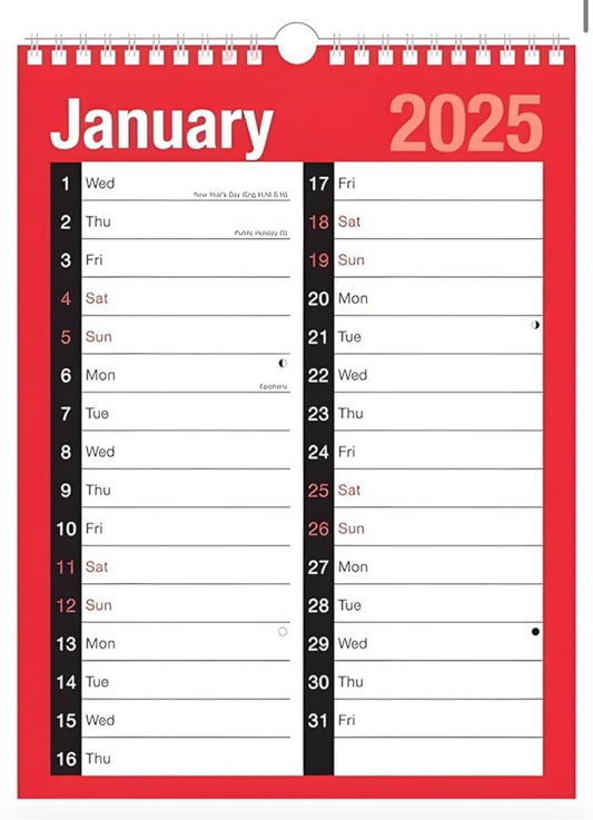 999) 2025 Calendar A4 Large 2 Column Month To View Spiral Bound Wall Planner for Home Business Office School 1 January 2025 to 31 December 2025