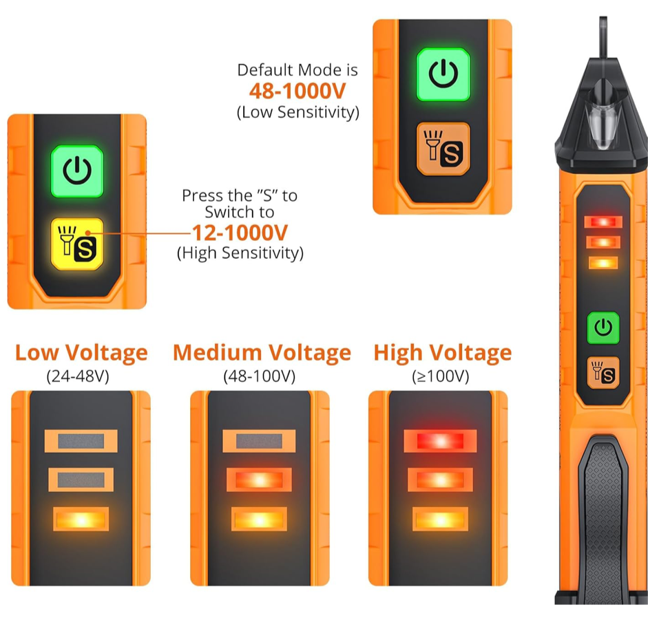 00) Proster Dual-Range Voltage Tester Pen (12V–1000V / 48V–1000V)
Smart non-contact AC detector with adjustable sensitivity, live-wire finder, break-point test, and built-in LED light.