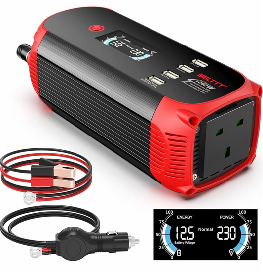 500W Inverter 12V to 240V 230V AC, Car Power Inverter 1000W Peak, Car Cigarette Adapter Converter, Red Aluminum Alloy Body with AC Outlet, 4 USB Ports (charge battery’s)