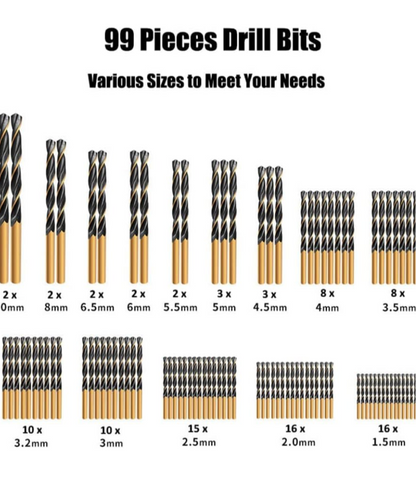 99Pcs HSS Titanium Coated Twist Drill Bit Set, 135° Tip High Speed Steel Drill Bits Kit with Storage Case for Drilling in Wood/Cast Iron/Aluminum Alloy/Plastic/Fiberglass Size from 1.5-10mm
