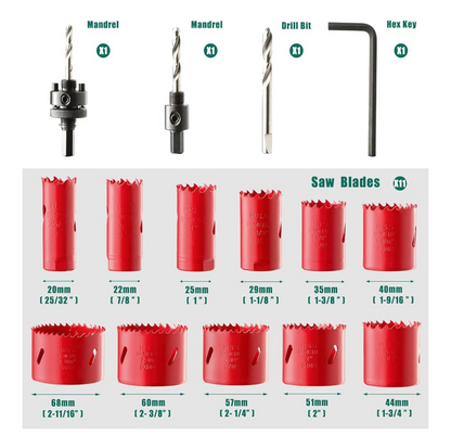 HYCHIKA Bi-Metal Hole Saw, 17 PCS Hole Saw Set 19mm-68mm, Cutting Depth: 40mm, Perfect for Drilling Soft Metal, Wood, PVC Board and Plastic