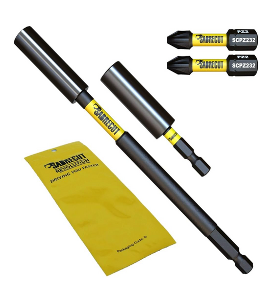 01) 4pc SabreCut Magnetic 60mm and 152mm Professional Impact Bit Holders with 2 x 32mm PZ2 Screwdriver Impact Bits