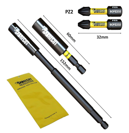 01) 4pc SabreCut Magnetic 60mm and 152mm Professional Impact Bit Holders with 2 x 32mm PZ2 Screwdriver Impact Bits