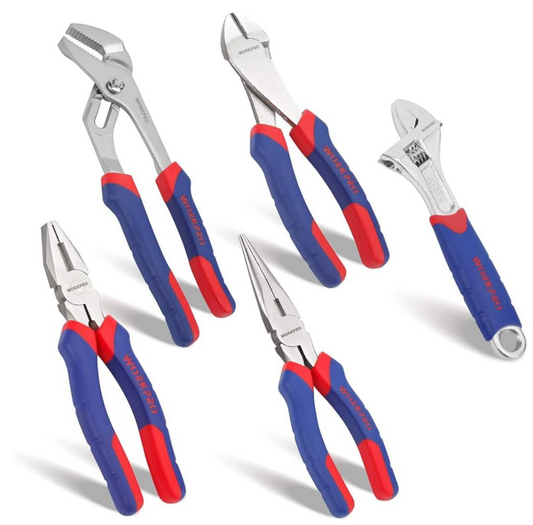 WORKPRO 5-Piece Pliers Set, Includes 250nn Water Pump Plier, 200mm Combination Plier, 200mm Long Nose Plier, 180mm Diagonal Cutter, 200mm Adjustable Wrench, with Soft Grip Handles