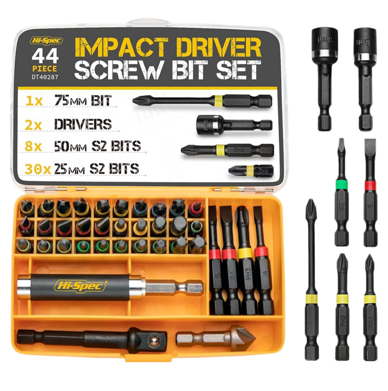 01) Hi-Spec 44pc Impact Drill Driver Screw Bit Set with Popular PZ & PH Sizes. 1/4 Hex S2 Screwdriver Bits with Nut and Socket Drivers.