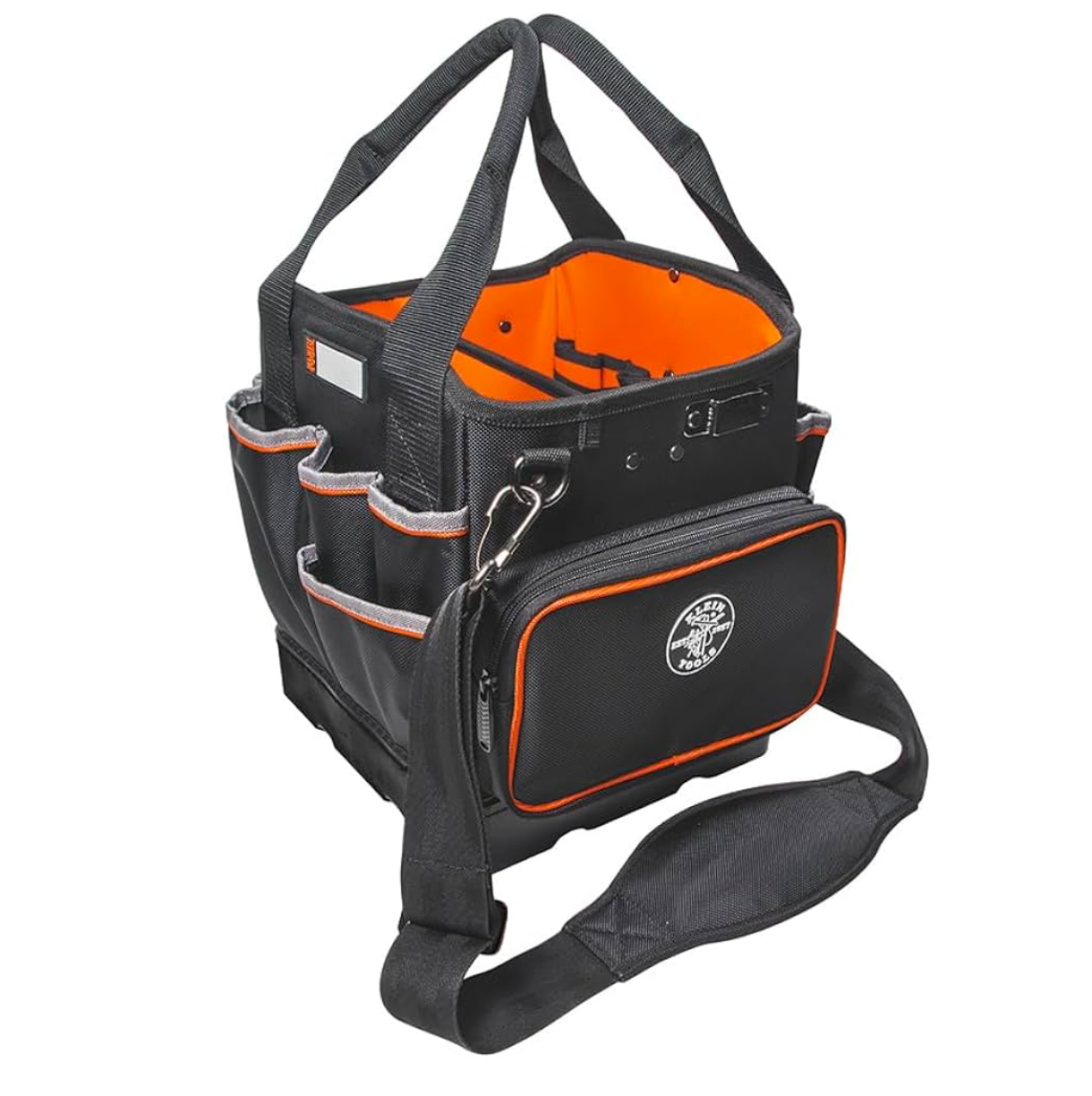 07) KLEIN Tool Bag with Shoulder Strap Has 40 Pockets for Tool Storage and Orange Interior Klein Tools