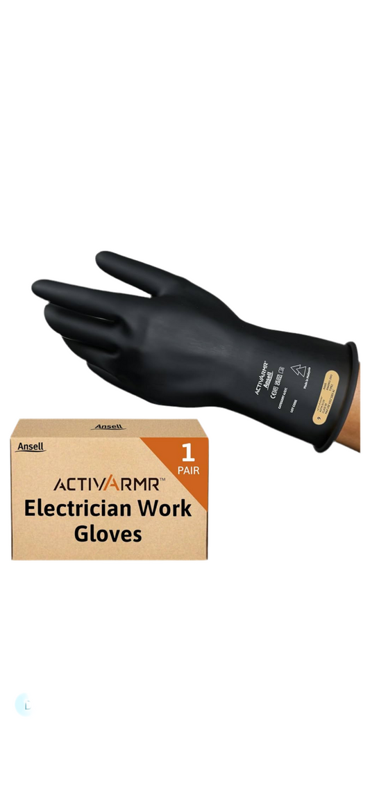 Ansell ActivArmr Electrician Work Gloves, Electrical Protection Class 0 (1000V), Insulating Natural Rubber Latex Gloves, Industrial Safety PPE, 11 Inches, Black, Size XL (1 Pair)