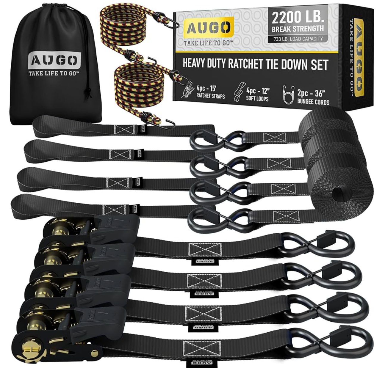 998) AUGO Ratchet Tie Down Straps –4 PK– 4.5m – 1000 KG Break Strength – Safety Lock S Hooks