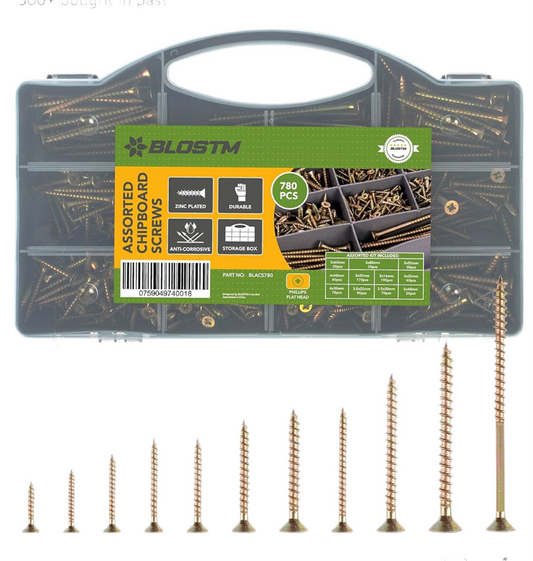 BLOSTM 780PC Wood Screws Assortment - Large Zinc Plated Screw Set, Extra Strong Assorted Screws For Wood Fences, Doors, Floorboard Etc. - Assorted Wood Screws with Screw Box Organiser