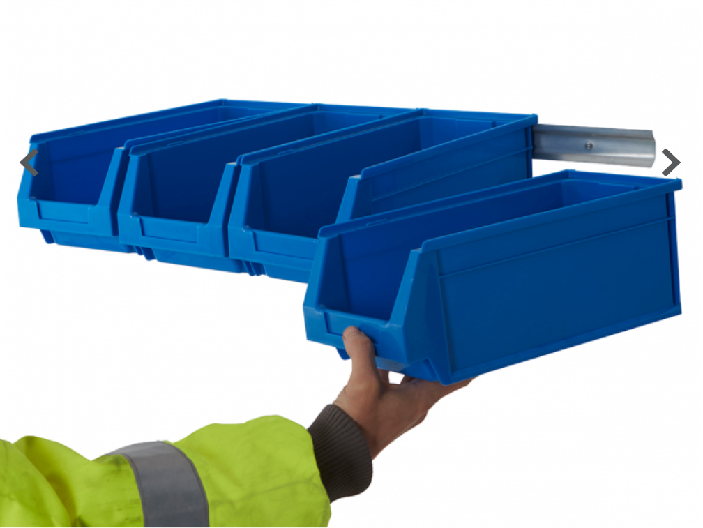 Wall Mounted Plastic Parts Bin Rail Kit Including 5 x Blue Plastic Parts Bins | Overall Dims: 53h x 520w x 95d mm