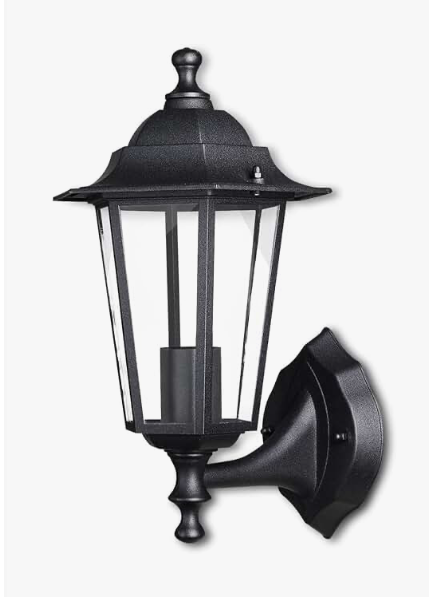 Outdoor 6 Sided Black Wall Lantern Security Light IP44 Weatherproof (includes warm white Lamp E27)
