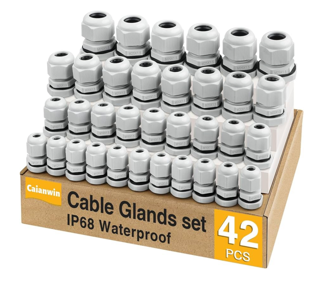 00) (Best Seller this month) 42Pcs Locknut Cable Glands Waterproof IP68 Connectors Set M12x12 - M16x12 - M20x12 - M25x56