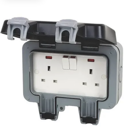 01) BG Electrical Outdoor Double Switched Power Wall Plug Socket, Weatherproof, Nexus Storm, Grey, 13A, IP66 Rated