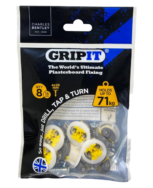 Gripit Yellow Plasterboard Fixings - Pack of 8 - Heavy Duty Plasterboard Fixings for Drywall & Stud Walls, Holds Up to 71kg - Ideal for Blinds, Curtains, Mirrors & Frames - Easy Install & UK Designed