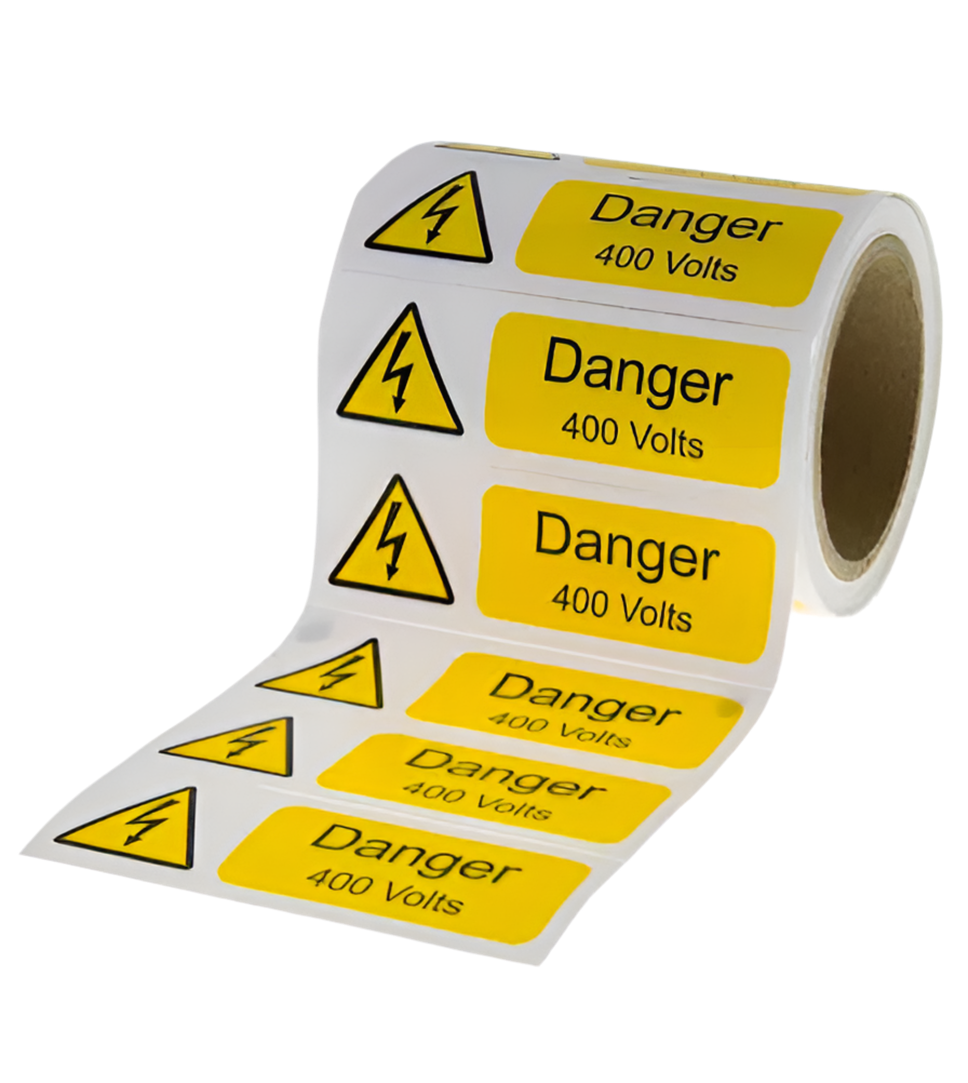 DANGER 400V STICKERS 75 X 25MM SELF ADHESIVE LABEL ROLL OF 250