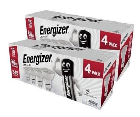 02) 8x Energizer GU10 LED Lamps 4.2W (Cool White 4000K), Non-Dimmable-345 Lumens)