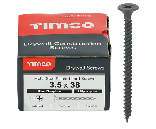 02) 200x TIMCO PH2 Philips Drywall Screws - 3.5 x 38 - Black (Ideal for fixing up Lights into wood)