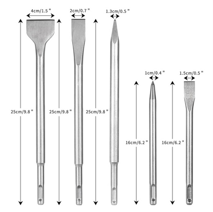 02) SDS Plus Hammer Chisel Set - Includes 3 Flat Chisel & 2 Point Chisel bits