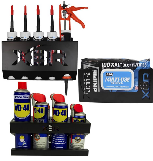 Van Garage Organisation Kit for Caulk and Caulking Gun, WD40 Spray Bottles and XL Wipe and Boxed Glove Holder Brackets