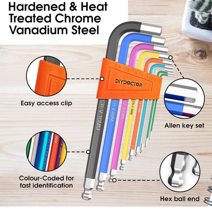 0) Hex Key Set (9 Pieces) – Long Ball-End Allen Keys from 1.5mm to 10mm – Durable Hex Key Set