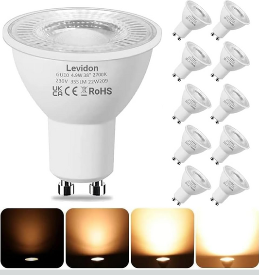 0) Levidon GU10 LED Bulbs Dimmable, Warm White 2700K, 50W Halogen Spotlight Replacement, 4.9W Dimmable GU10 LED Bulbs, 220-240V 355LM 38° Narrow Beam Angle - Pack of 10