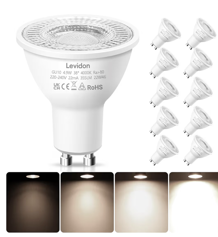 0) Levidon GU10 LED Bulbs Dimmable, 4.9W LED GU10 Bulbs Dimmable, Day White 4000K, 50W Halogen Spotlight Equivalent, 220-240V 38° Beam Angle Energy Saving - Pack of 10