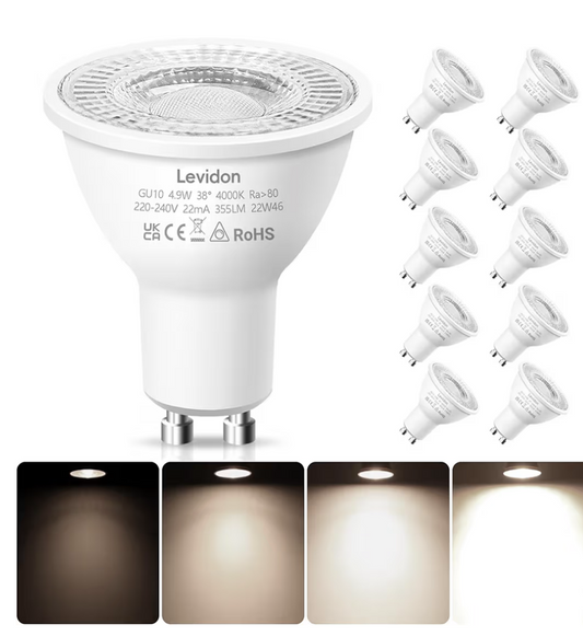 0) Levidon GU10 LED Bulbs Dimmable, Cool White 6500k, 50W Halogen Spotlight Replacement, 4.9W Dimmable GU10 LED Bulbs, 220-240V Narrow Beam Angle - Pack of 10
